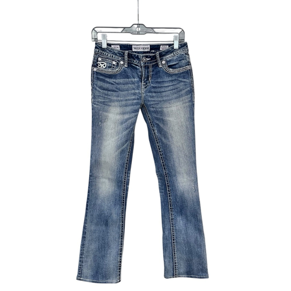 Mek Denim Brisbane Y2K Embroidered Studded Slim Boot Cut Jeans Size 26x34 Rave - Picture 2 of 6